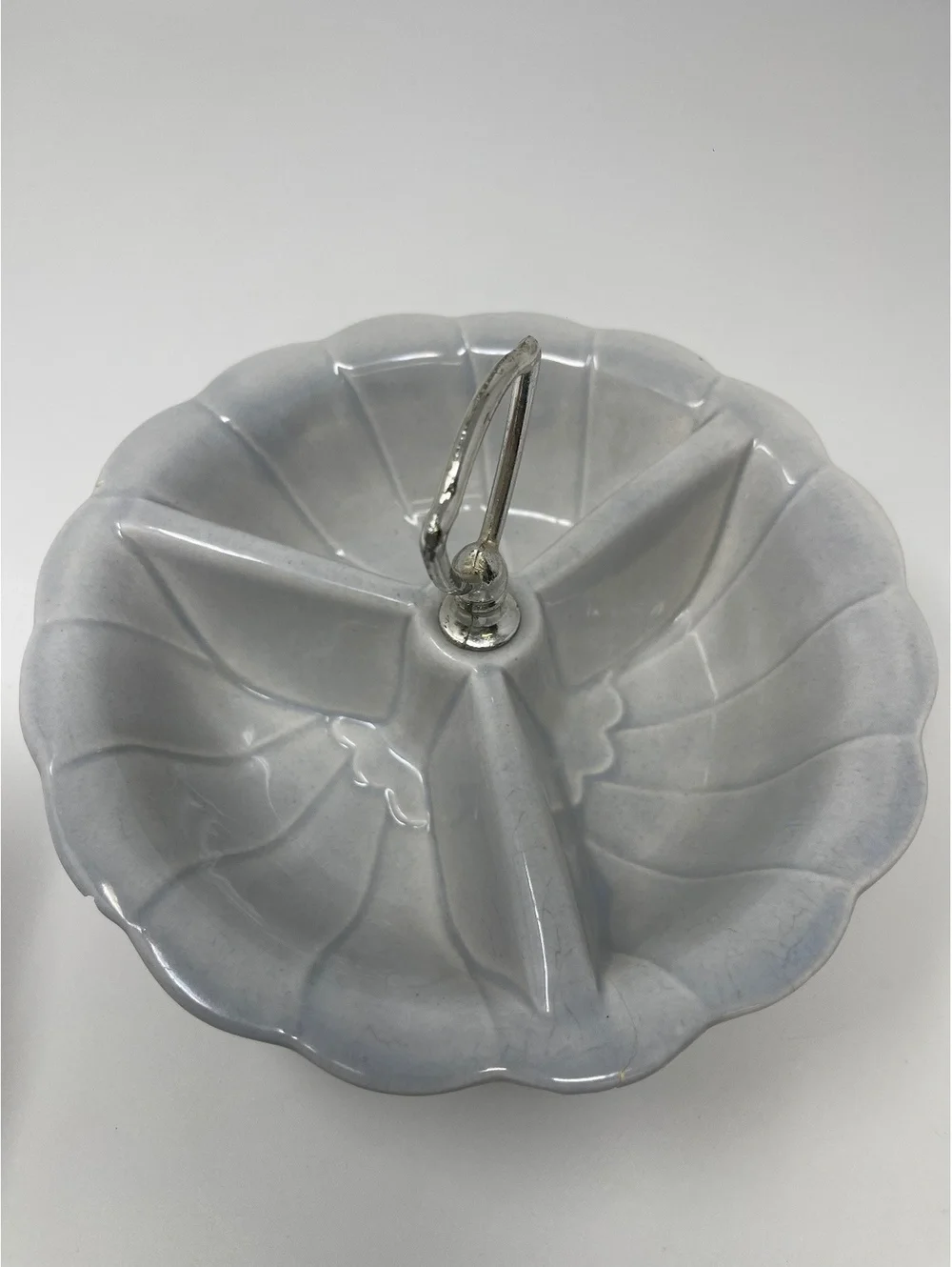 Vintage USA Pottery Blue Divided Serving Dish With Chrome Handle Barware MCM 8”